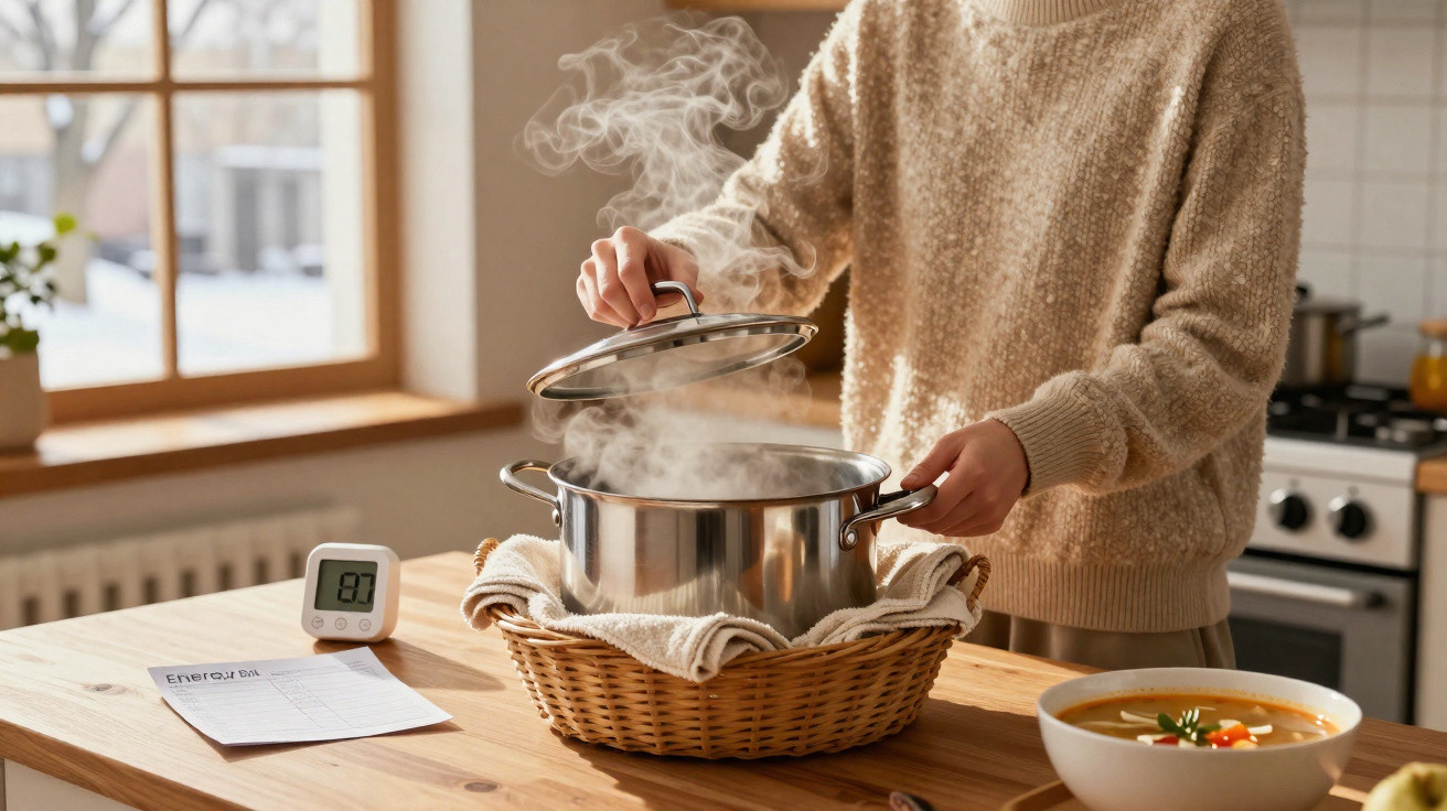 Pessoa retirando tampa de panela com vapor em cozinha iluminada, ao lado de tigela com sopa e papel na mesa.