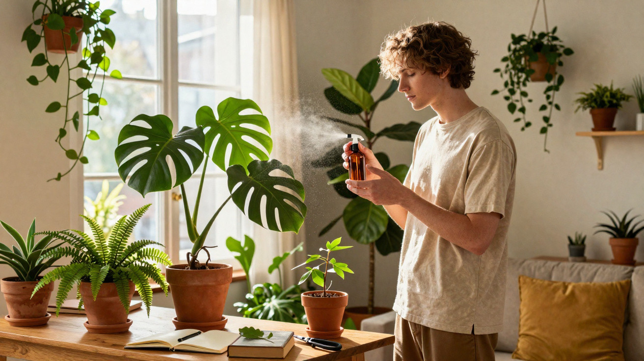 Jovem borrifando água em plantas domésticas em ambiente iluminado e aconchegante.