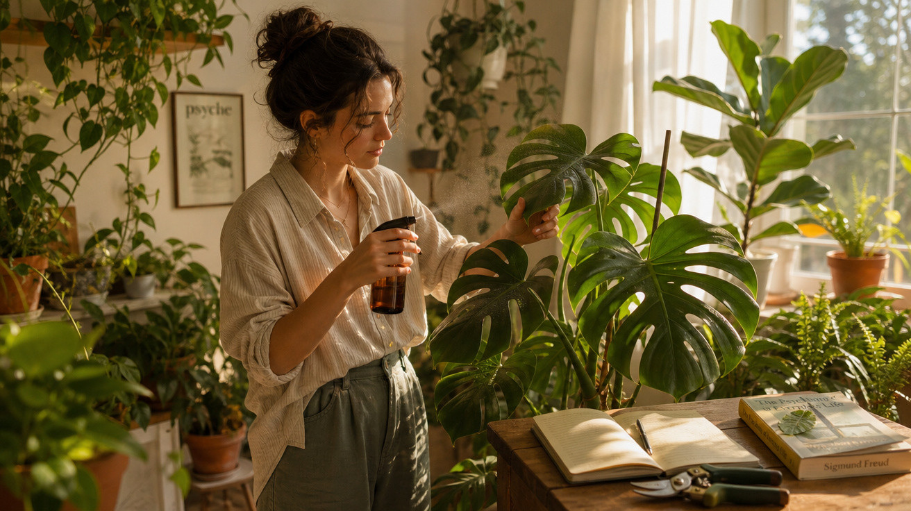 Mulher cuidando de planta Monstera em ambiente interno com livros e ferramentas de jardinagem.