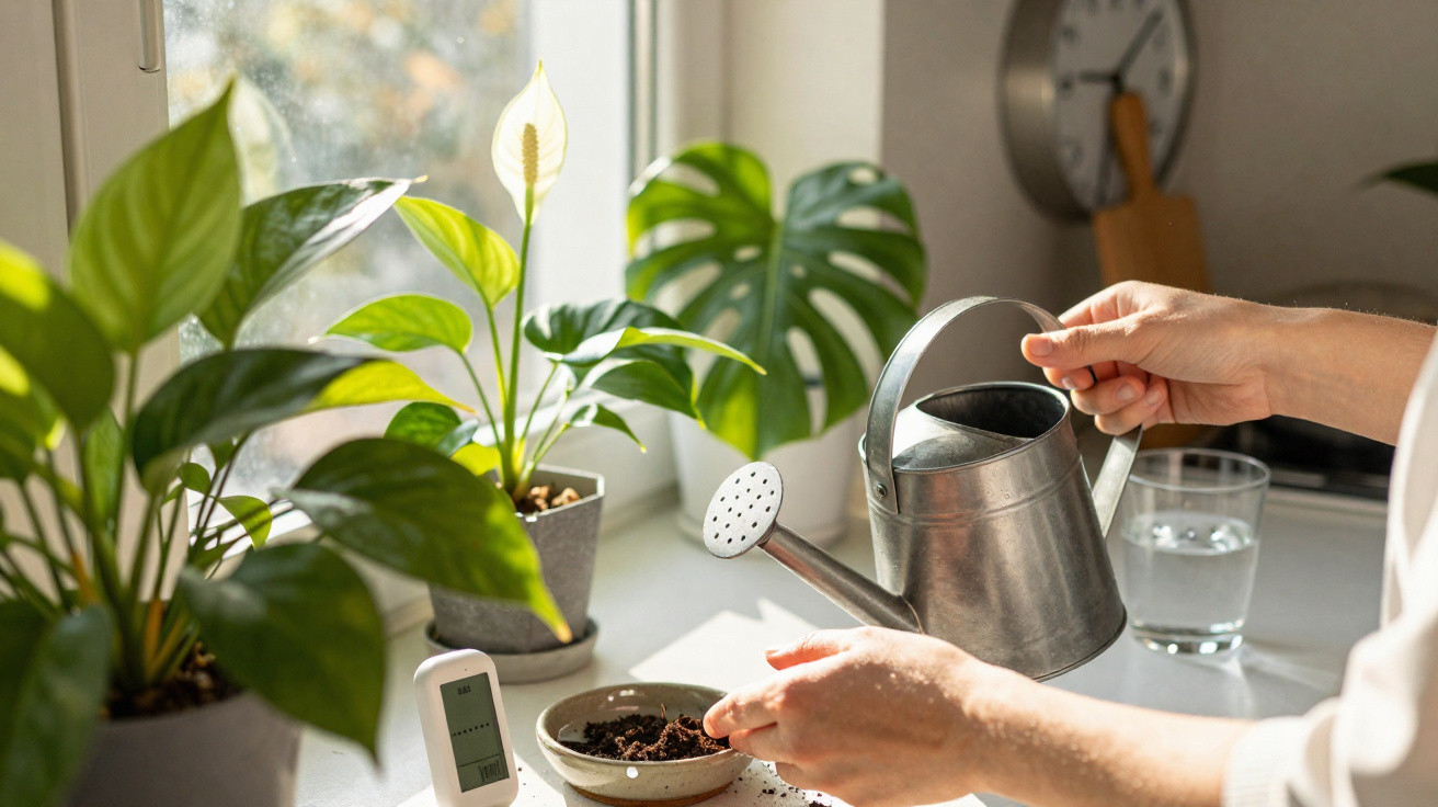 Pessoa regando plantas em vasos perto de janela com regador metálico e termômetro digital na mesa.