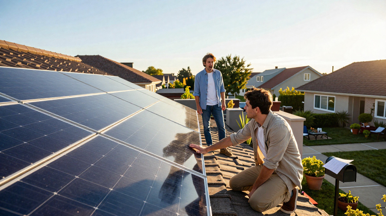 Dois homens inspecionam painéis solares instalados no telhado de uma casa residencial ensolarada.