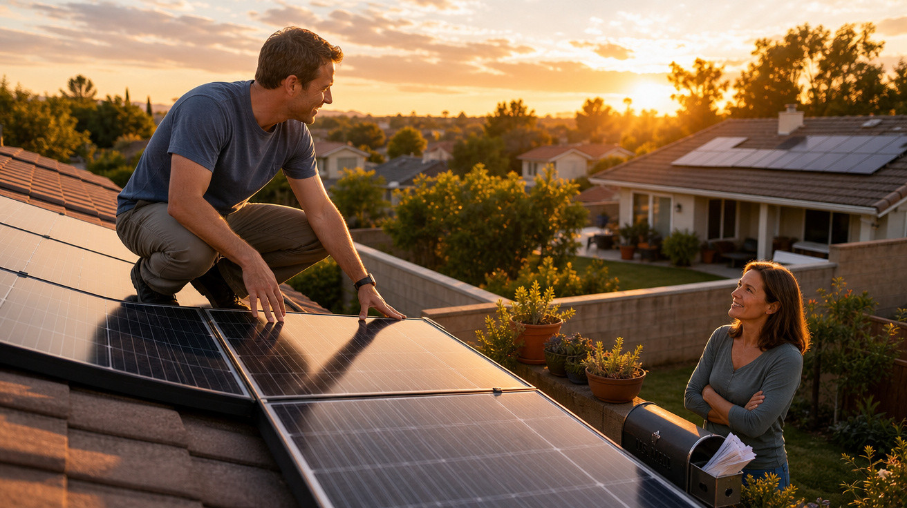 Homem instala painéis solares no telhado enquanto mulher observa sorrindo ao pôr do sol.