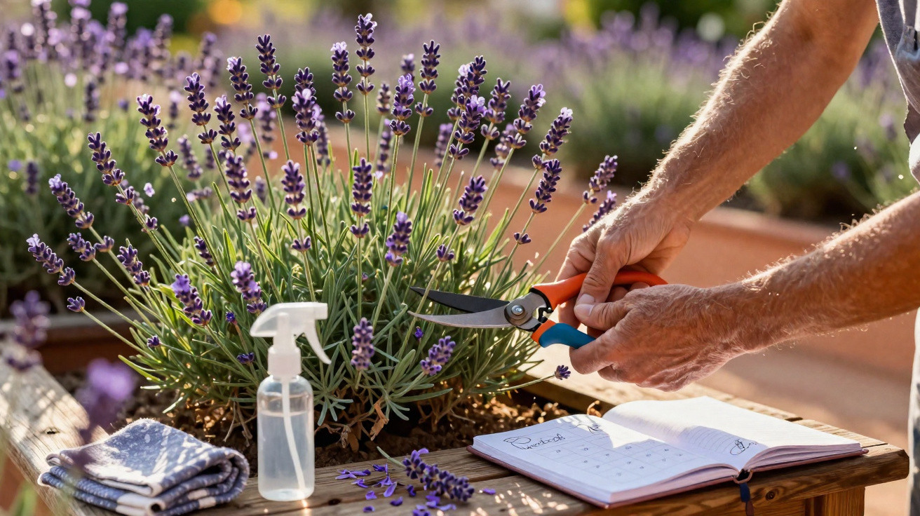 Mãos podando flores de lavanda em vaso, com borrifador, pano e caderno sobre a mesa de madeira.