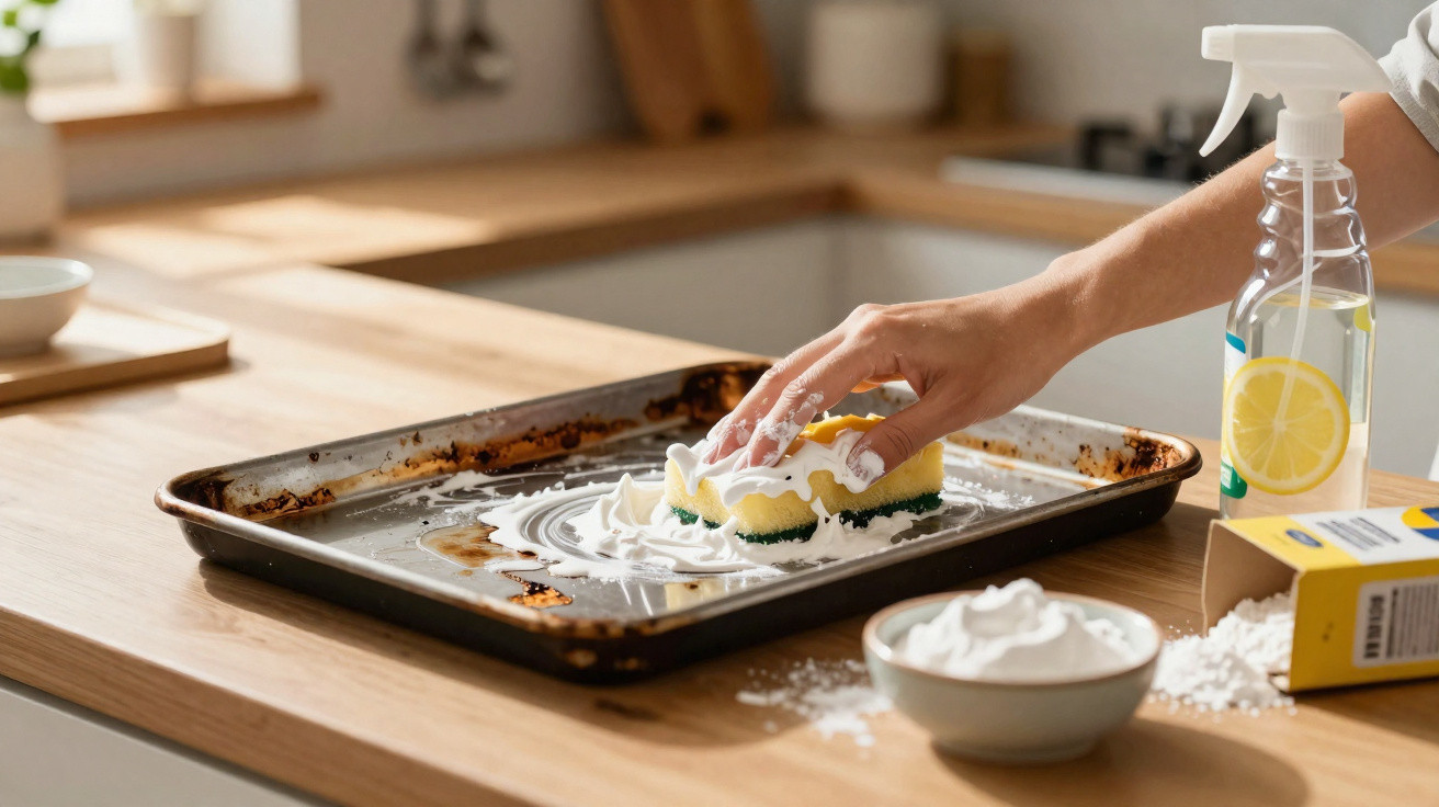 Mão limpa forma de metal com esponja e espuma de limpeza na cozinha clara.