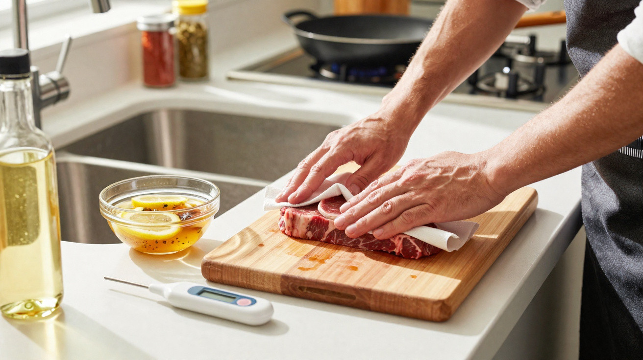Pessoa secando peça de carne crua sobre tábua de madeira em cozinha com termômetro e temperos.