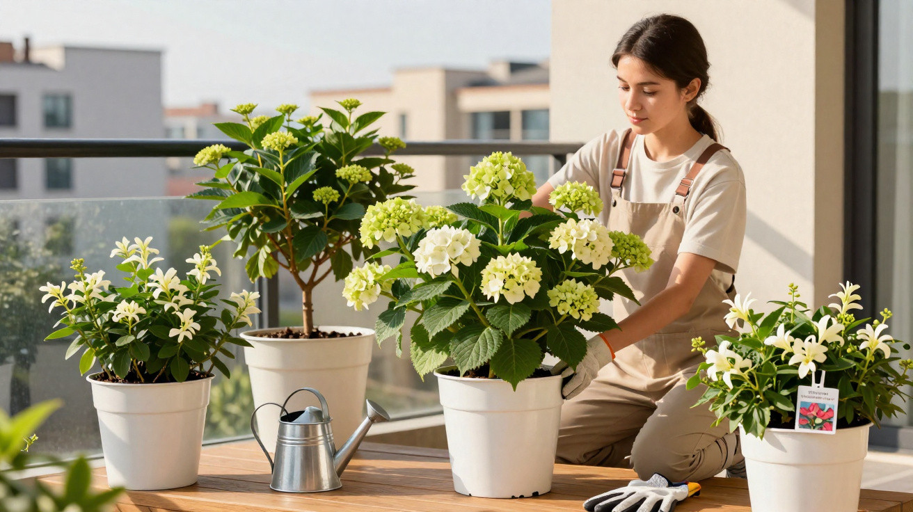 Mulher cuidando de vasos com flores em varanda ensolarada, ao redor regador e luvas de jardinagem.