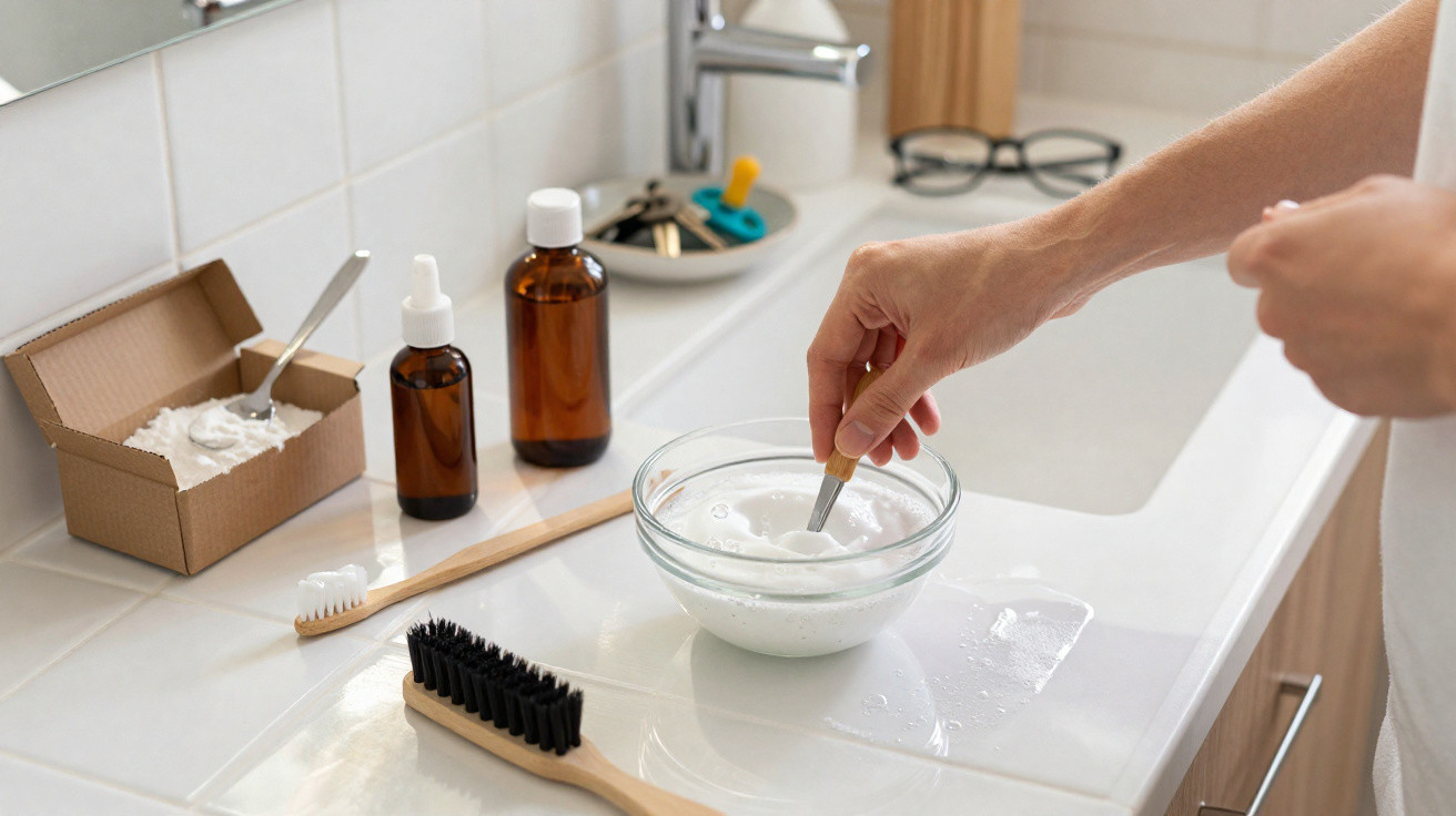 Pessoa mexendo creme branco em tigela de vidro no banheiro com escovas e frascos ao redor.