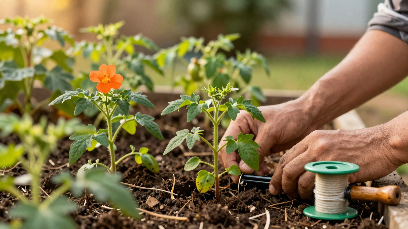 Mãos cuidando de mudas em canteiro de terra com flor laranja e carretel de linha verde e branca ao lado.