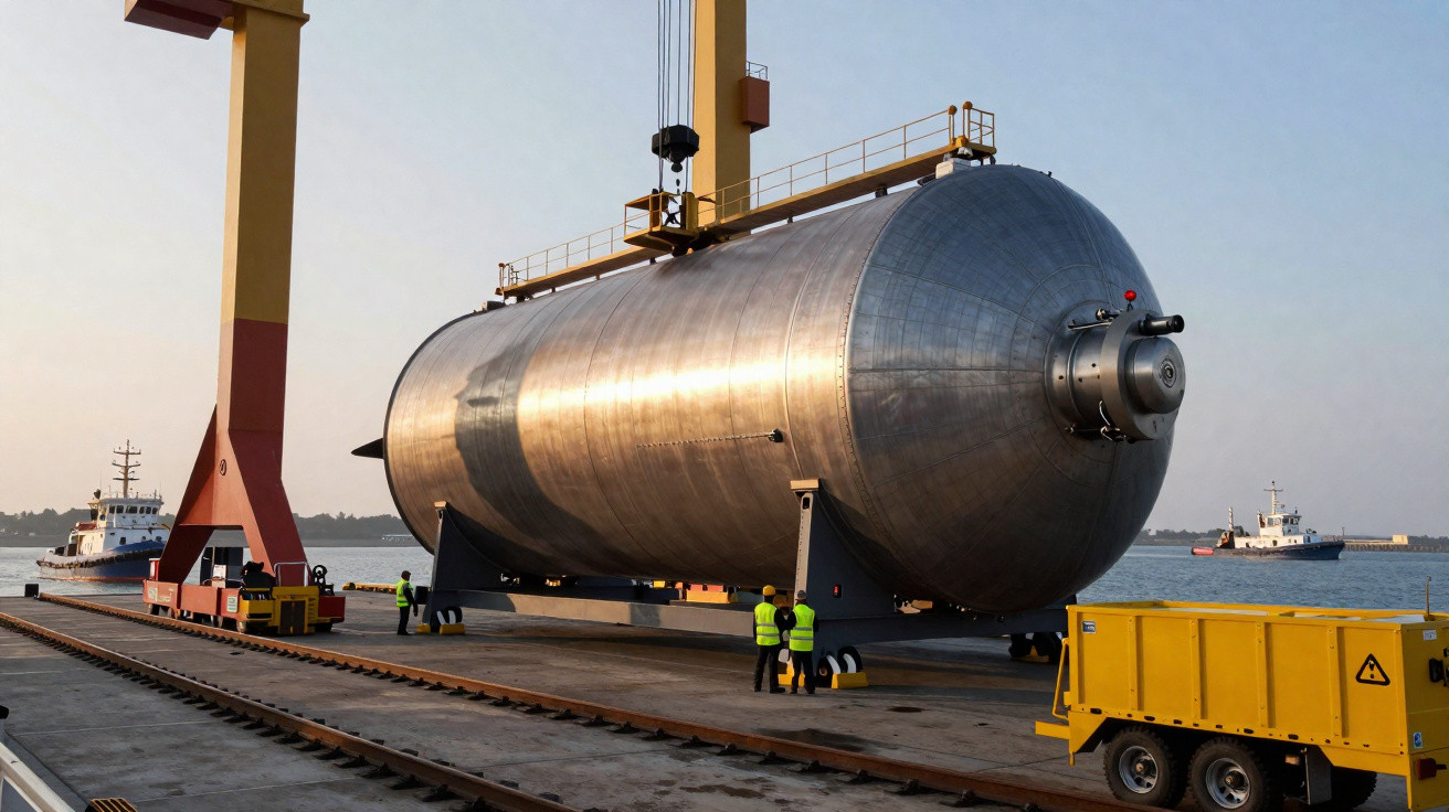Tanque industrial de metal sendo movido por guindaste em porto com trabalhadores ao redor.