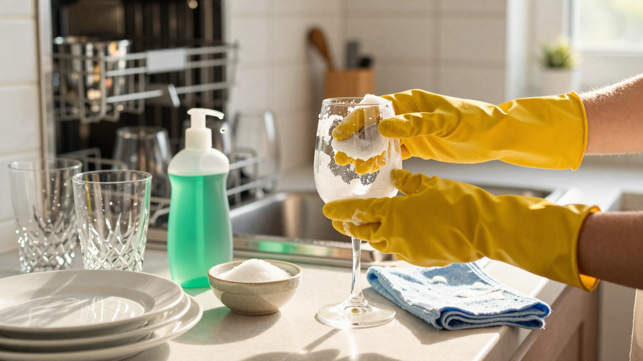Pessoa usando luvas amarelas lavando taça de vidro na cozinha com detergente e esponja.