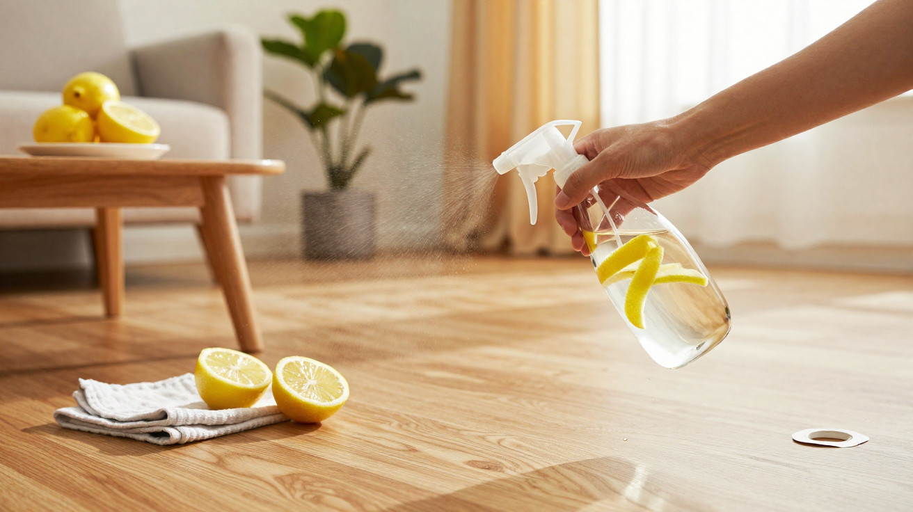 Mão borrifando spray com limão em chão de madeira, com limões cortados e toalha ao lado.