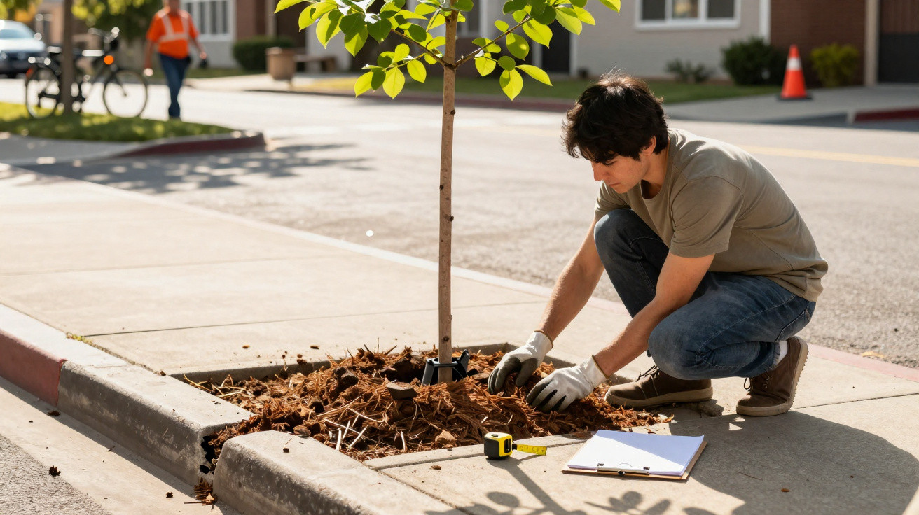 Jovem plantando árvore em calçada urbana, com luvas e ferramentas ao redor.