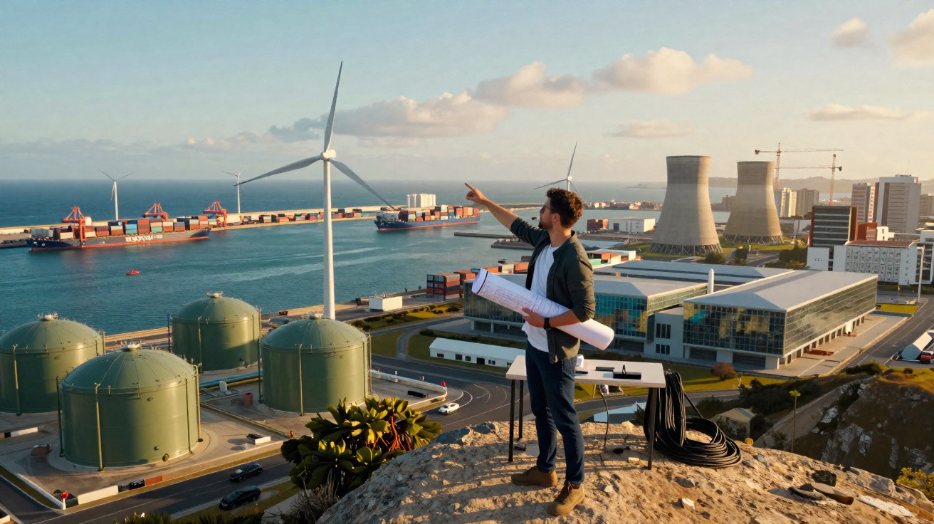 Engenheiro observa projeto de energia sustentável com turbinas eólicas e indústria em área portuária urbana.