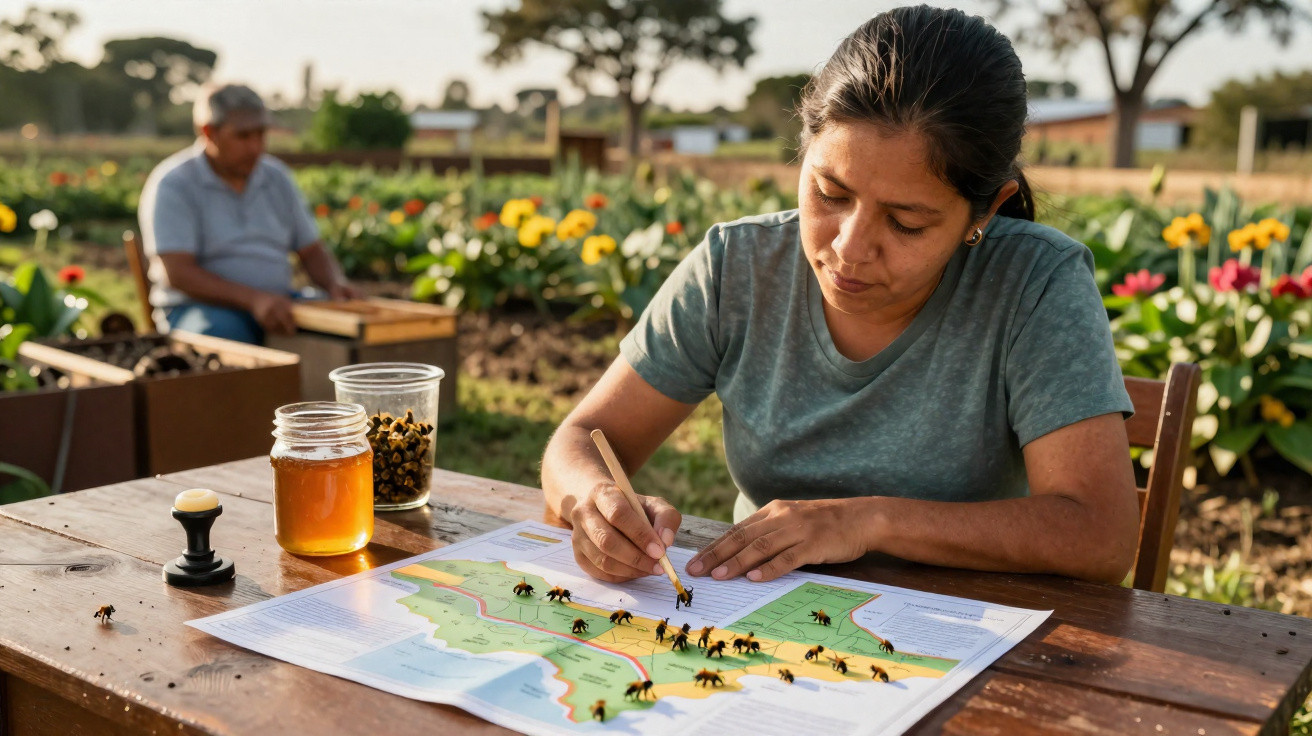 Mulher estudando mapa com abelhas em mesa ao ar livre, homem ao fundo cuidando de caixas de mel.