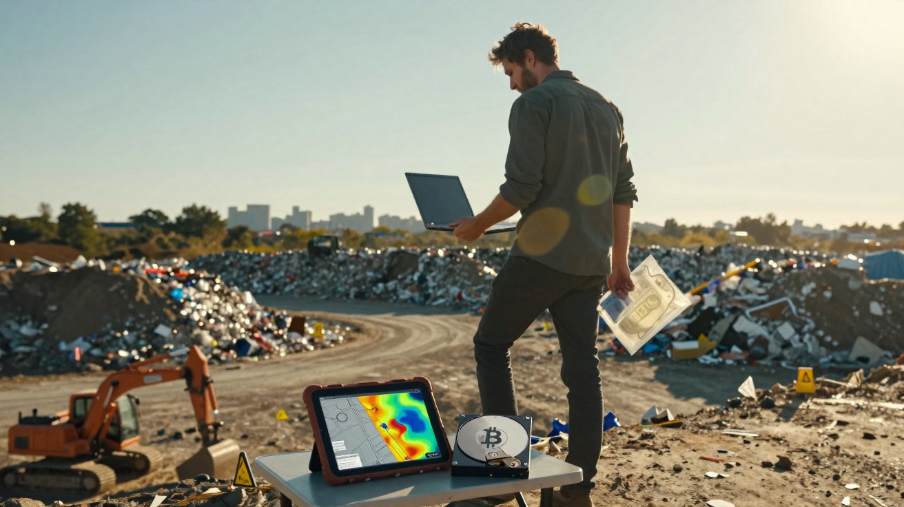 Homem com laptop em lixão, analisando dados em tablet e segurando planta de mineração de criptomoedas.