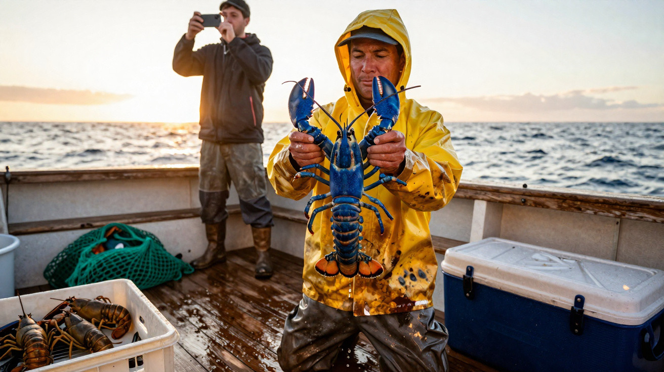 Pescador com capa amarela segura lagosta azul enquanto outro fotografa no barco ao pôr do sol.