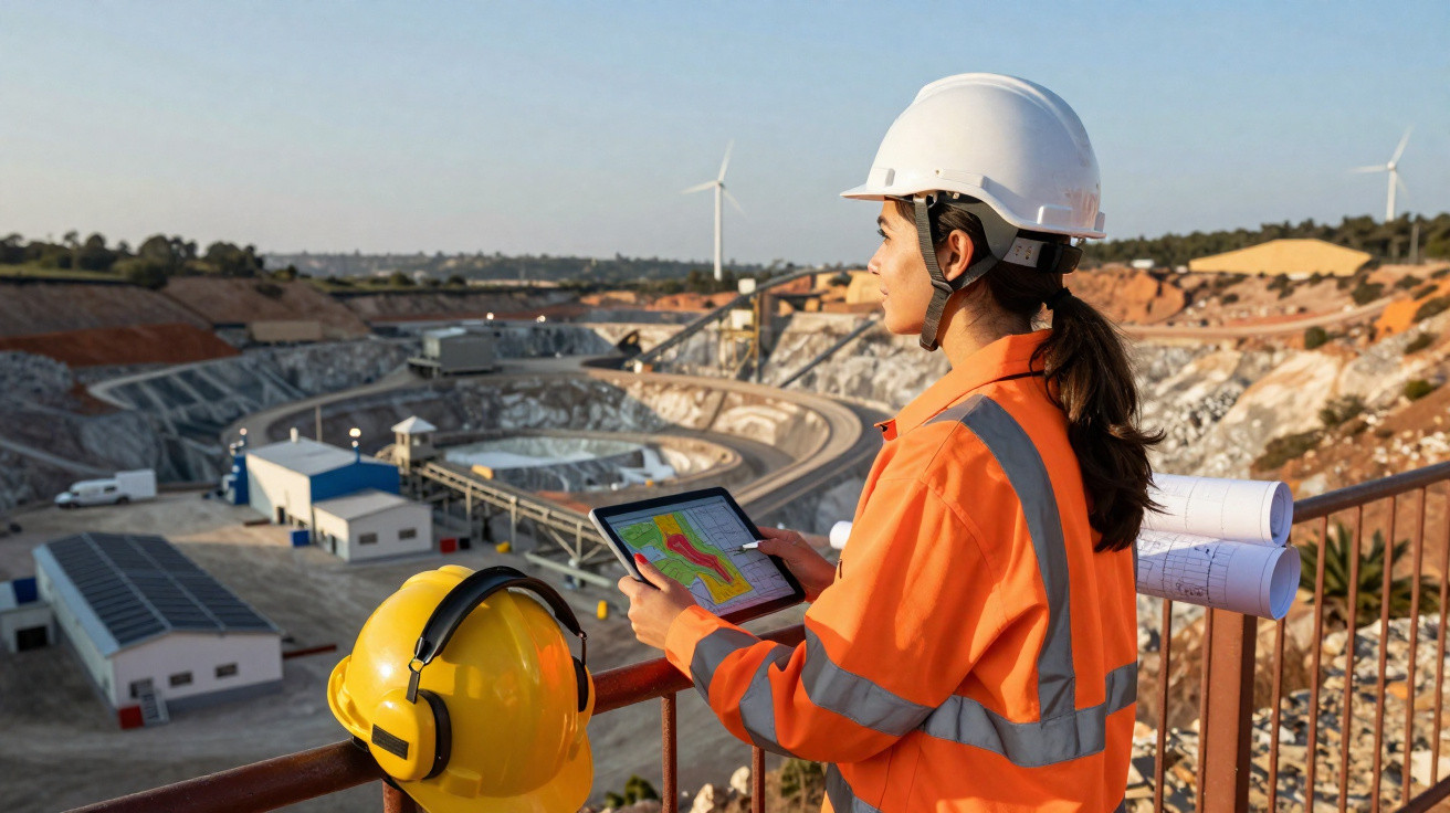 Engenheira com capacete branco e jaleco laranja usa tablet em obra de mineração com turbinas eólicas ao fundo.