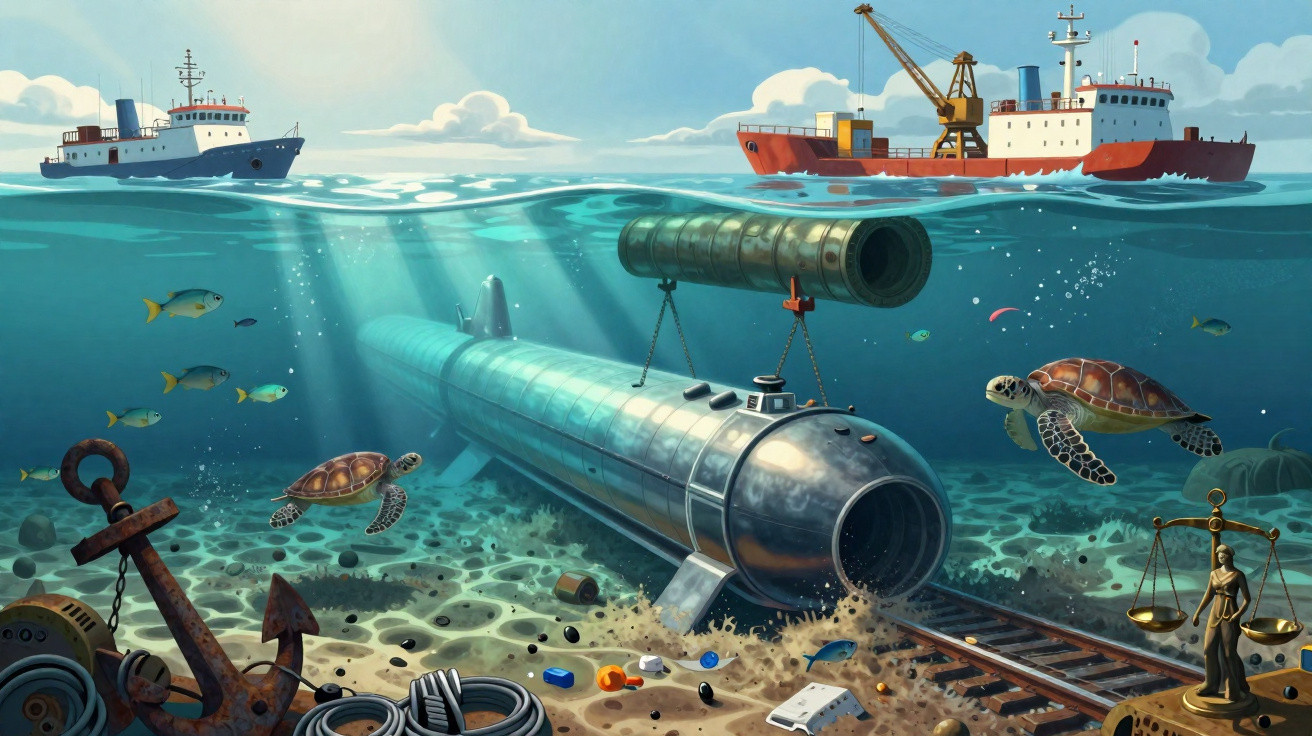 Submarino sendo içado no mar, com tartarugas, peixes, navios e objetos no fundo do oceano.