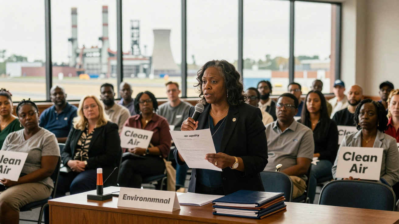 Mulher negra falando em evento ambiental com público segurando cartazes "Clean Air" e indústria ao fundo.