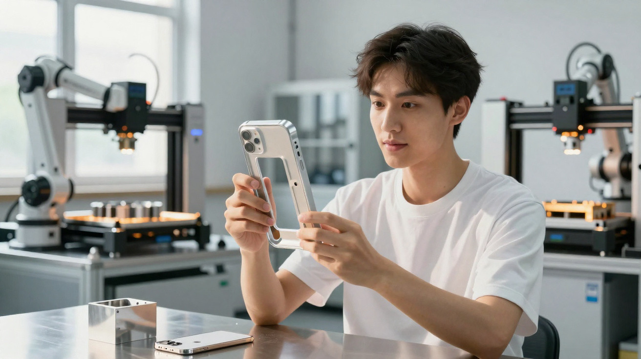 Jovem em camiseta branca segurando smartphone em laboratório com máquinas industriais ao fundo.