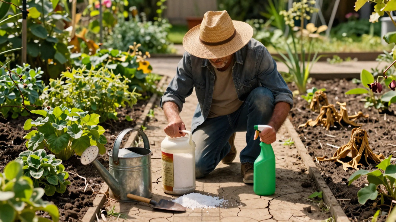 Homem com chapéu aplicando fertilizante em jardim com plantas vivas e murchas ao redor.