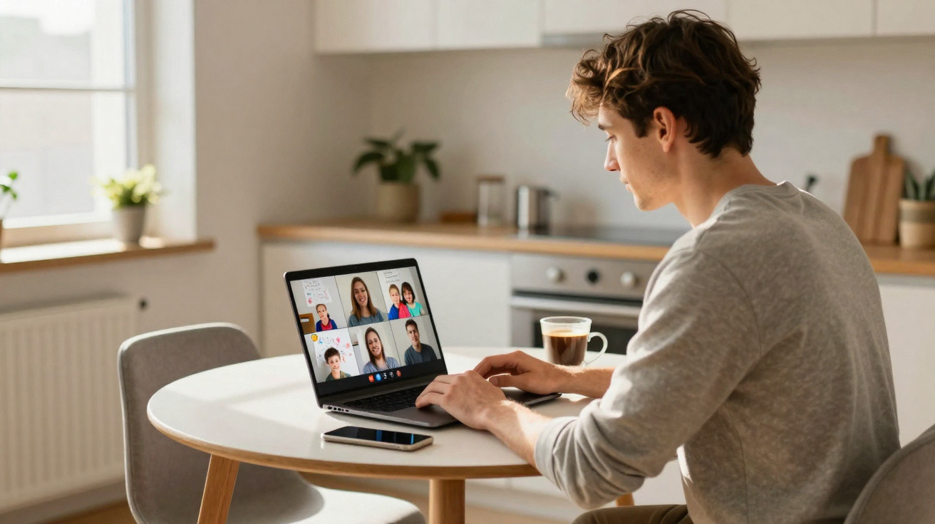 Jovem fazendo videochamada em laptop enquanto está sentado à mesa na cozinha, com café e celular ao lado.