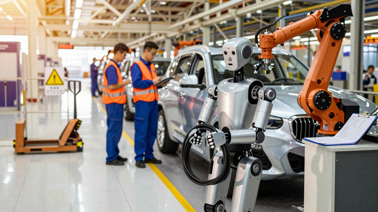 Robô segurando cabo em fábrica automotiva com trabalhadores e veículos ao fundo.