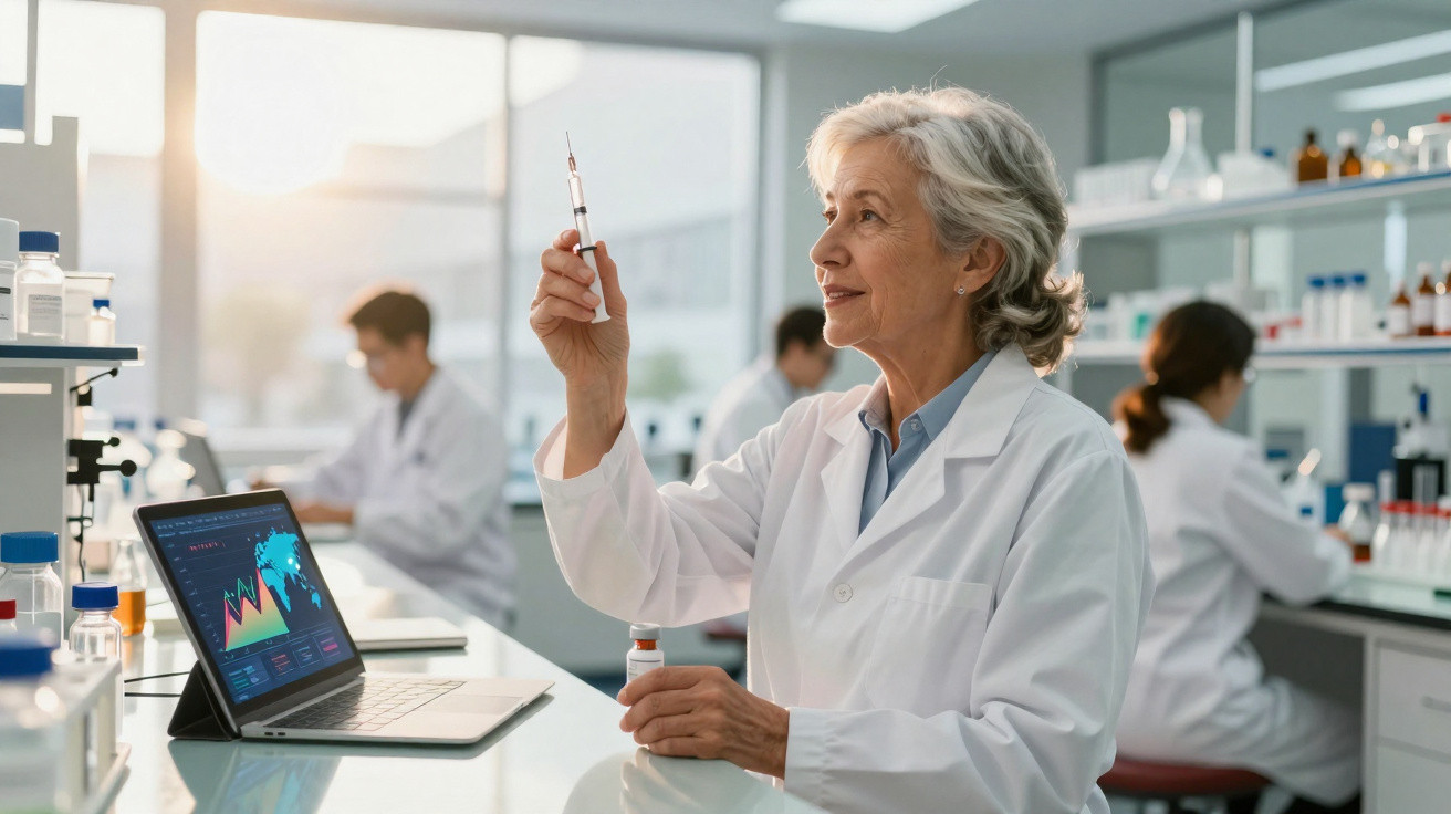 Cientista segurando seringa em laboratório moderno com colegas e laptop ao fundo.
