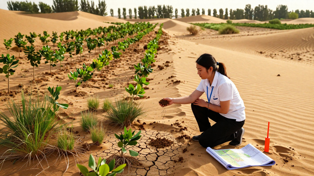 Mulher analisando solo seco em área de reflorestamento no deserto com plantas jovens ao redor.