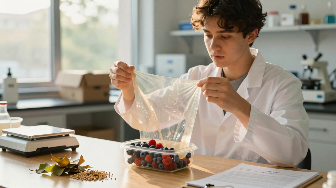 Jovem cientista em laboratório embrulha frutas vermelhas com filme plástico transparente em bancada.