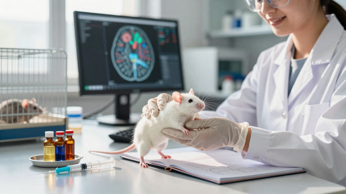 Cientista de jaleco branco e luvas segurando um rato branco em laboratório de pesquisas científicas.
