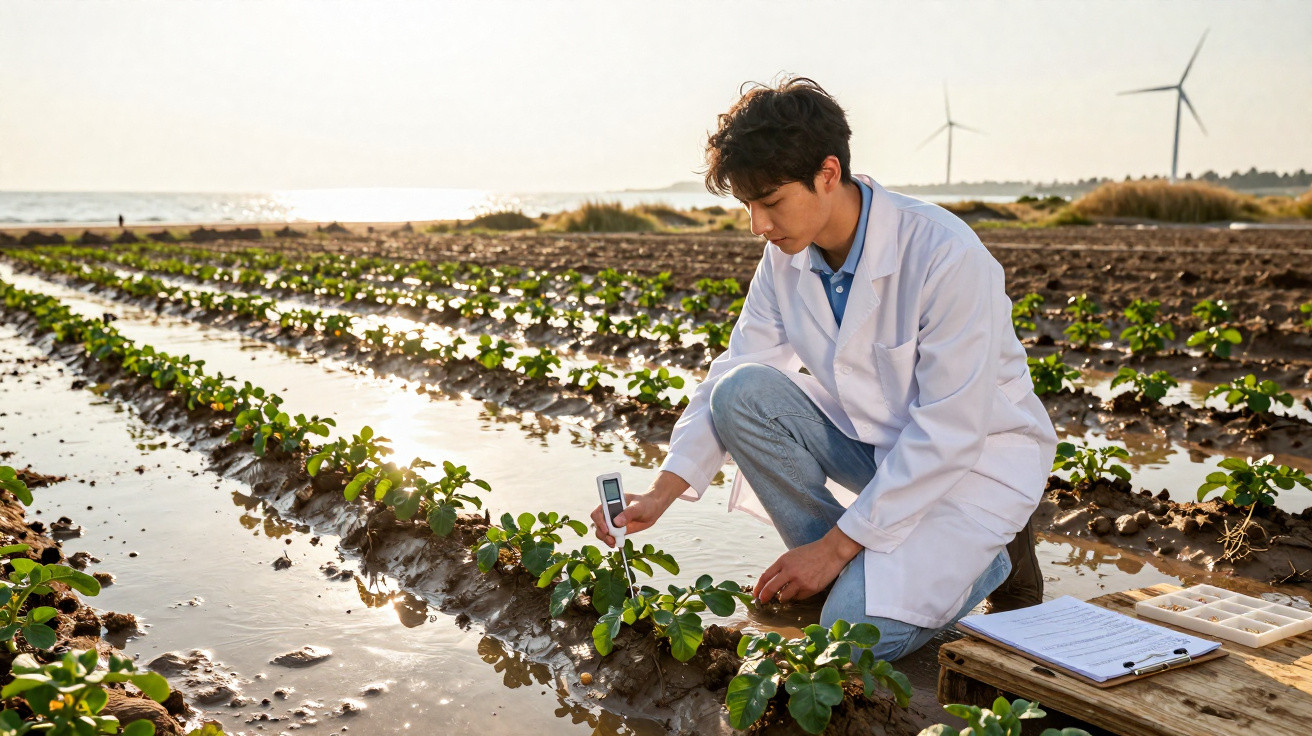 Pesquisador em jaleco branco analisa plantas em cultivo irrigado próximo a turbinas eólicas ao pôr do sol.