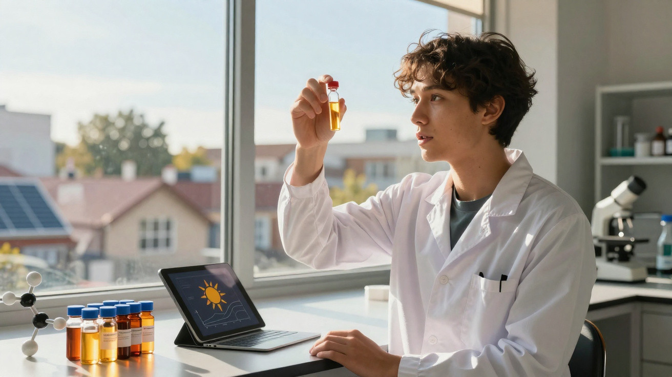 Jovem cientista em jaleco examinando amostra líquida amarela em tubo no laboratório iluminado pela janela.