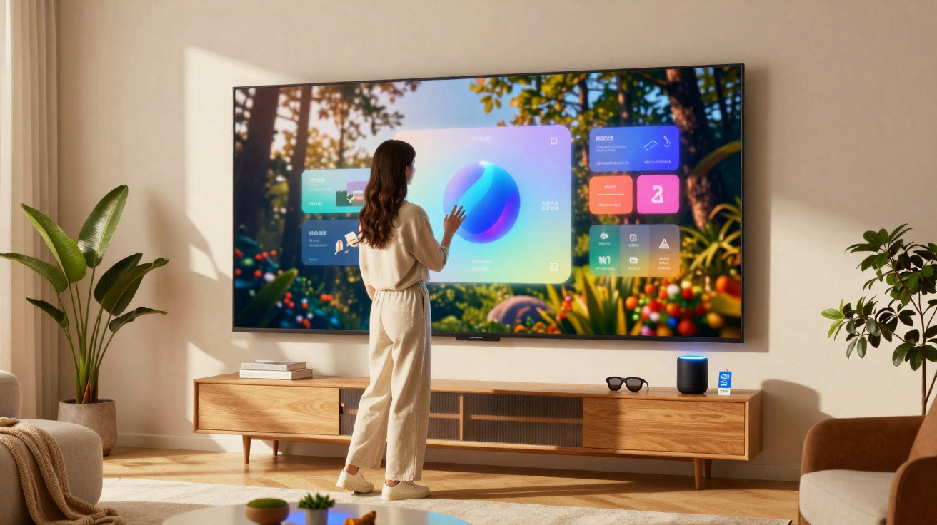 Mulher interagindo com tela grande de TV com interface digital em sala de estar moderna e iluminada.