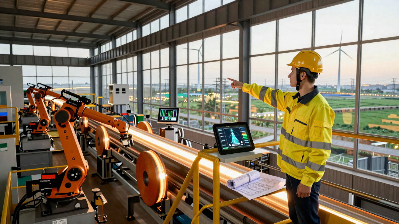 Homem com capacete e colete refletivo operando máquinas industriais em fábrica moderna.