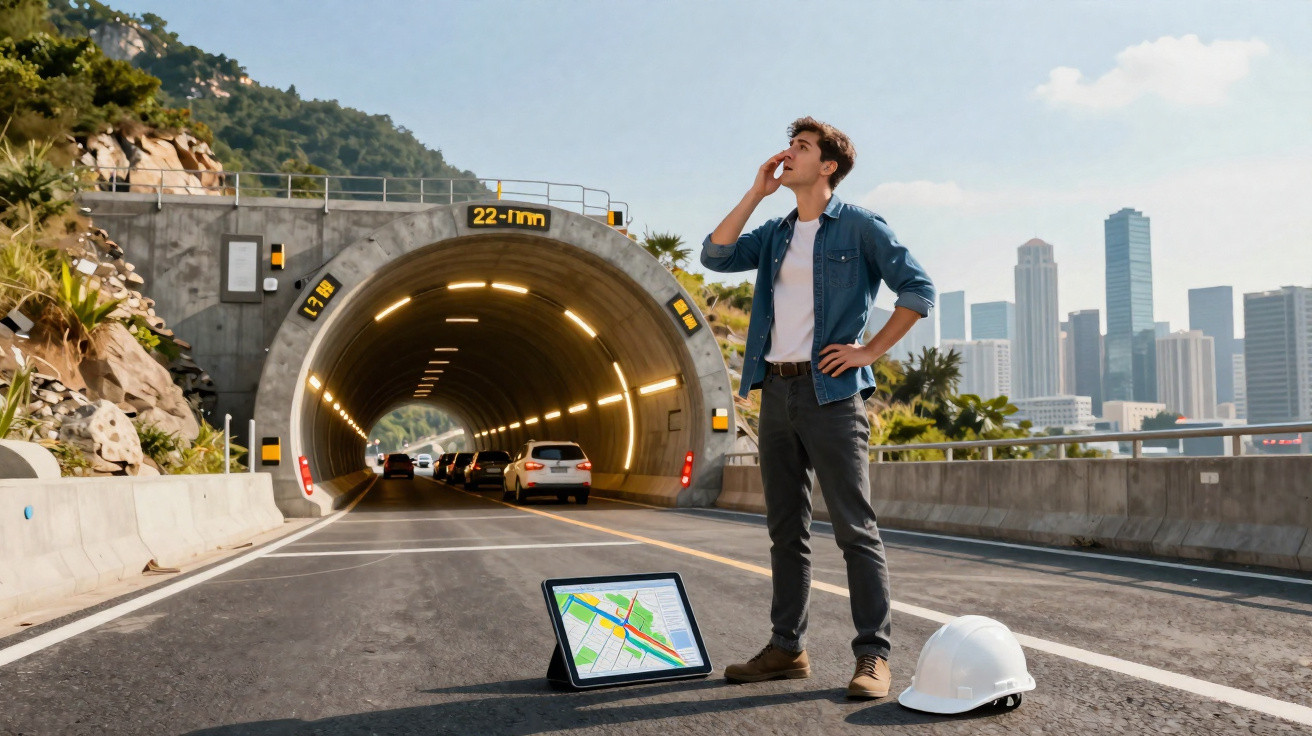 Homem com capacete e tablet na estrada em frente a túnel iluminado, cidade ao fundo, olhando preocupado.