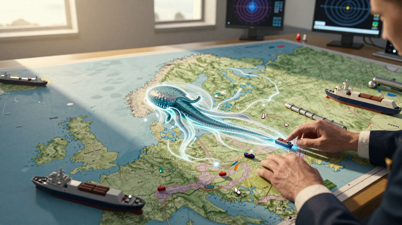 Pessoa manipulando navios miniatura sobre mapa com imagem holográfica de polvo gigante sobre a Europa.