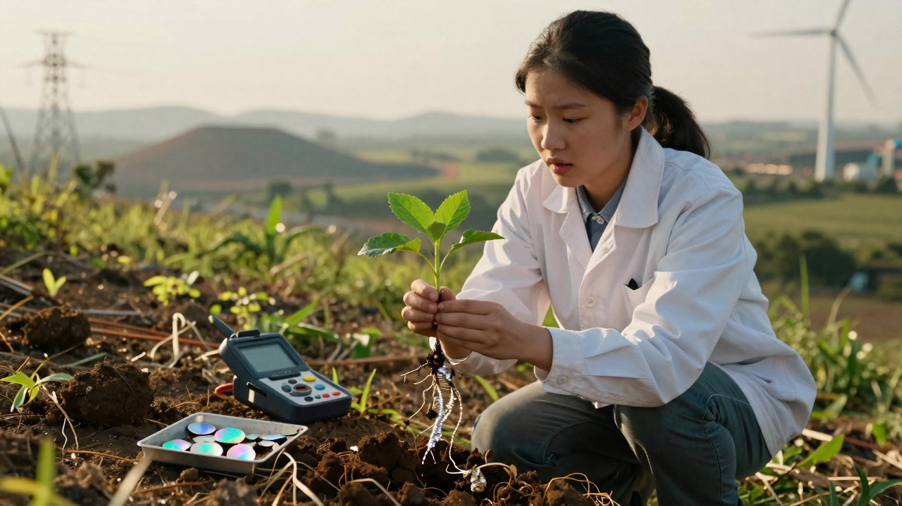 Mulher cientista em campo envolve planta jovem com equipamento eletrônico para análise ambiental.