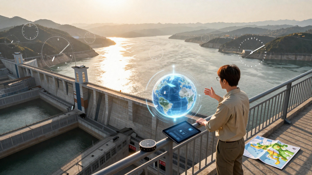 Homem com tablet interage com holograma de globo em represa, ao pôr do sol, entre montanhas.