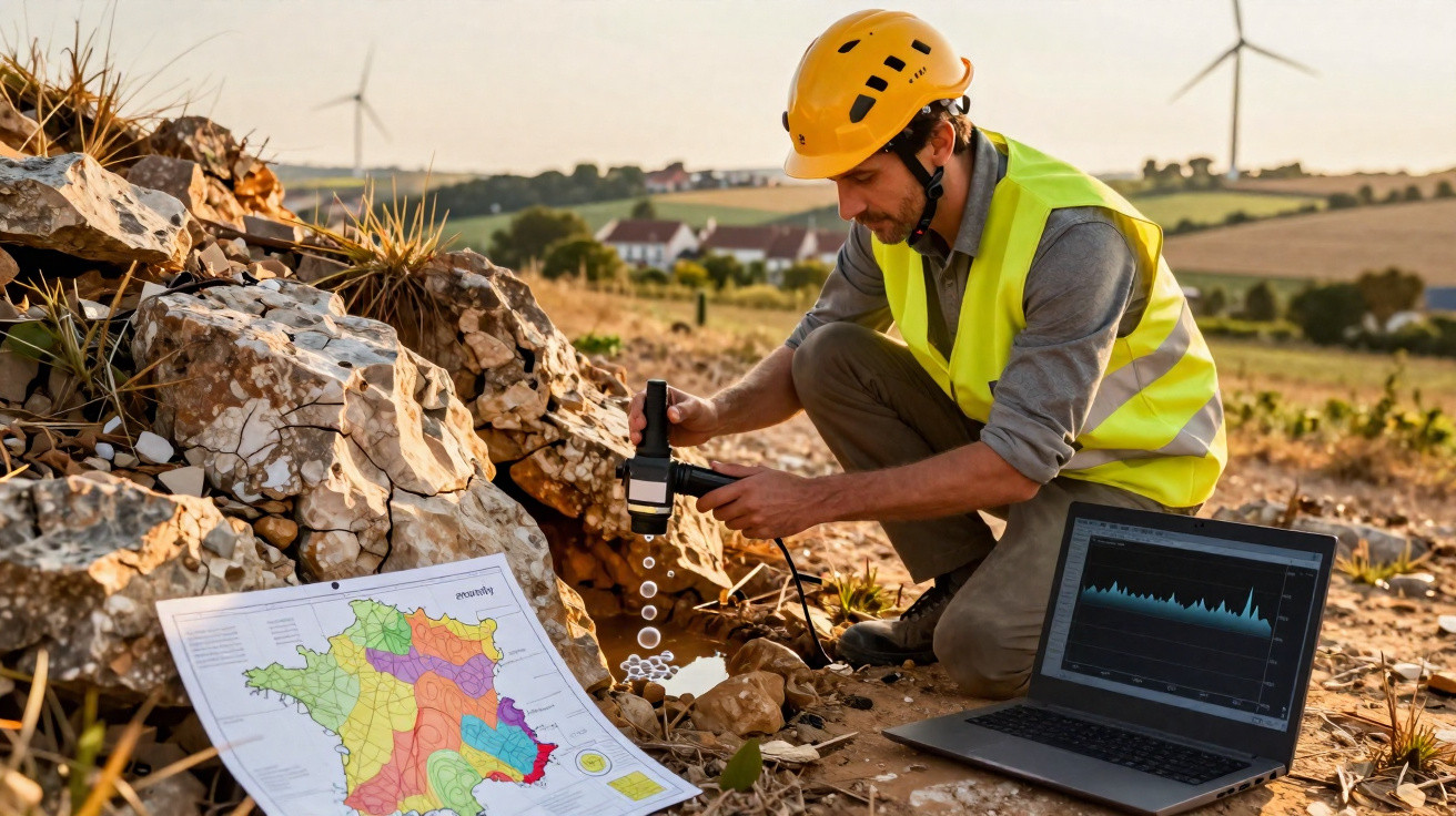 Geólogo com capacete e colete fazendo análise de solo com mapa e laptop ao ar livre.