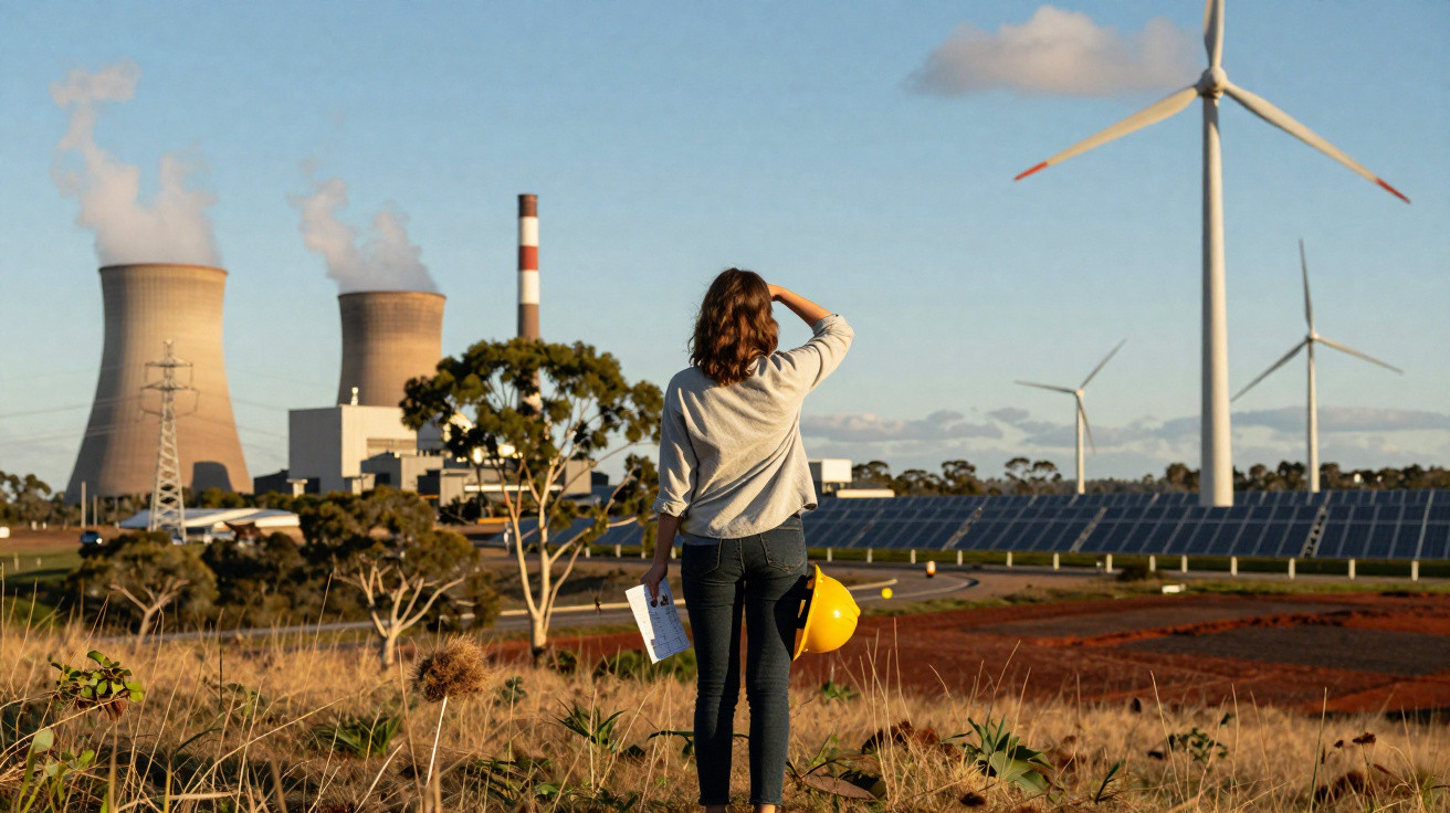 Mulher segura capacete e observa usinas nuclear, eólica e painéis solares em paisagem rural ao entardecer.