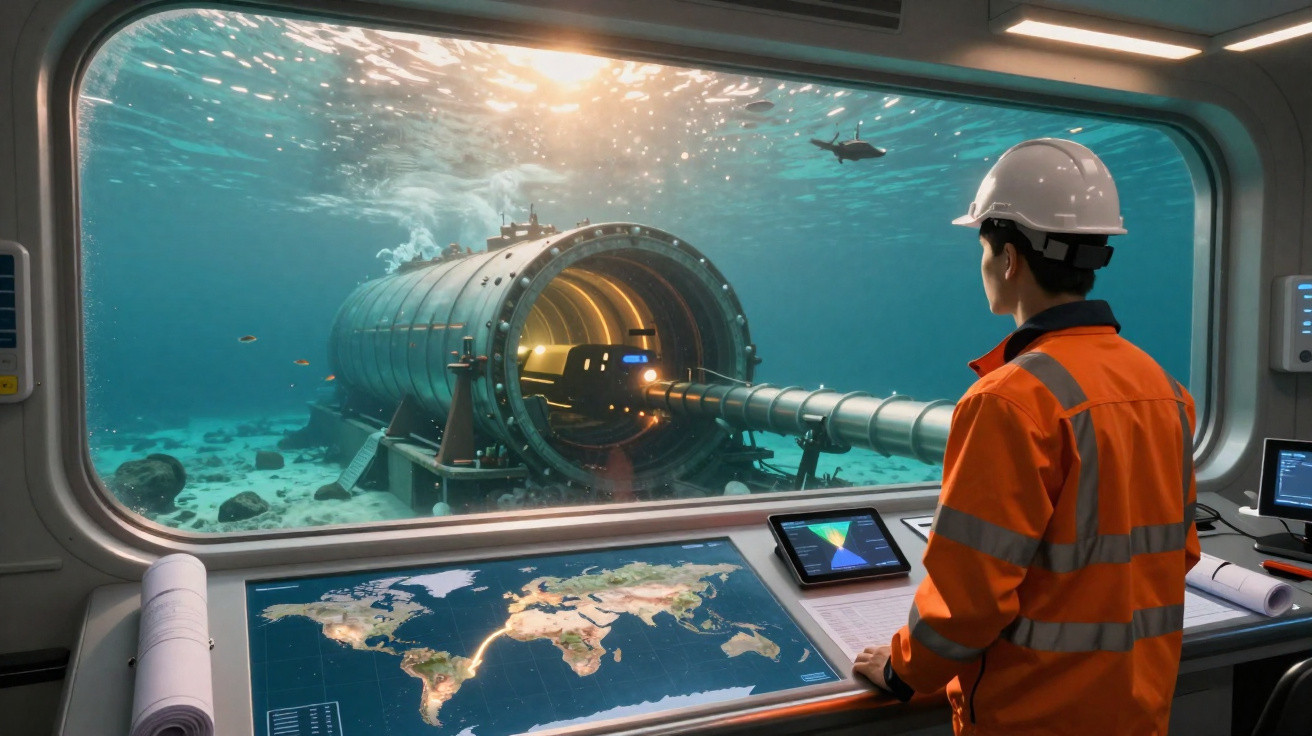 Engenheiro em jaqueta laranja observa equipamento submarino tubular através de janela em sala de controle.