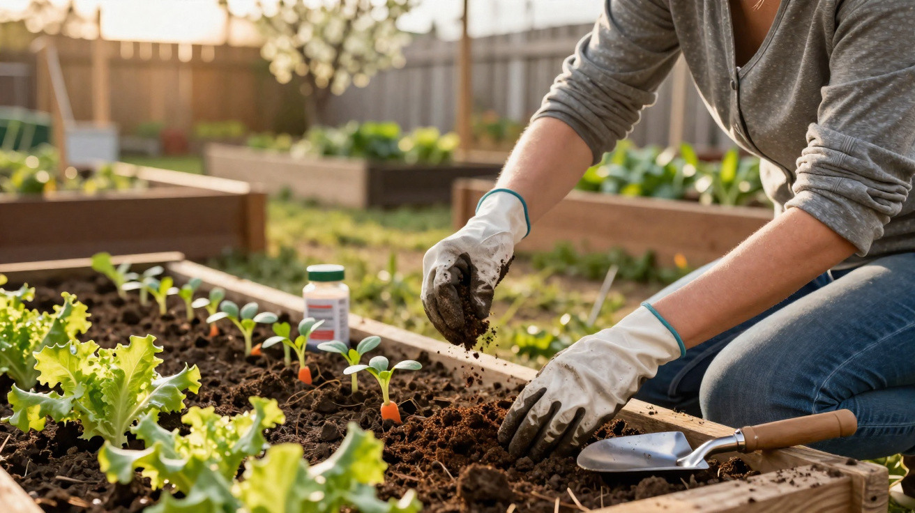 Pessoa com luvas cuidando de plantas em canteiro elevado de horta em ambiente externo ensolarado.