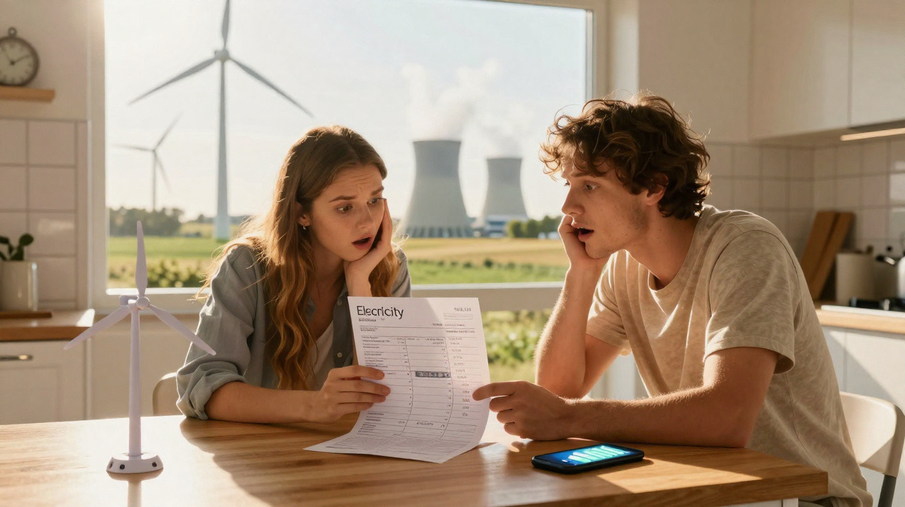 Casal preocupado vendo conta de luz em cozinha com turbinas eólicas e usina nuclear ao fundo.
