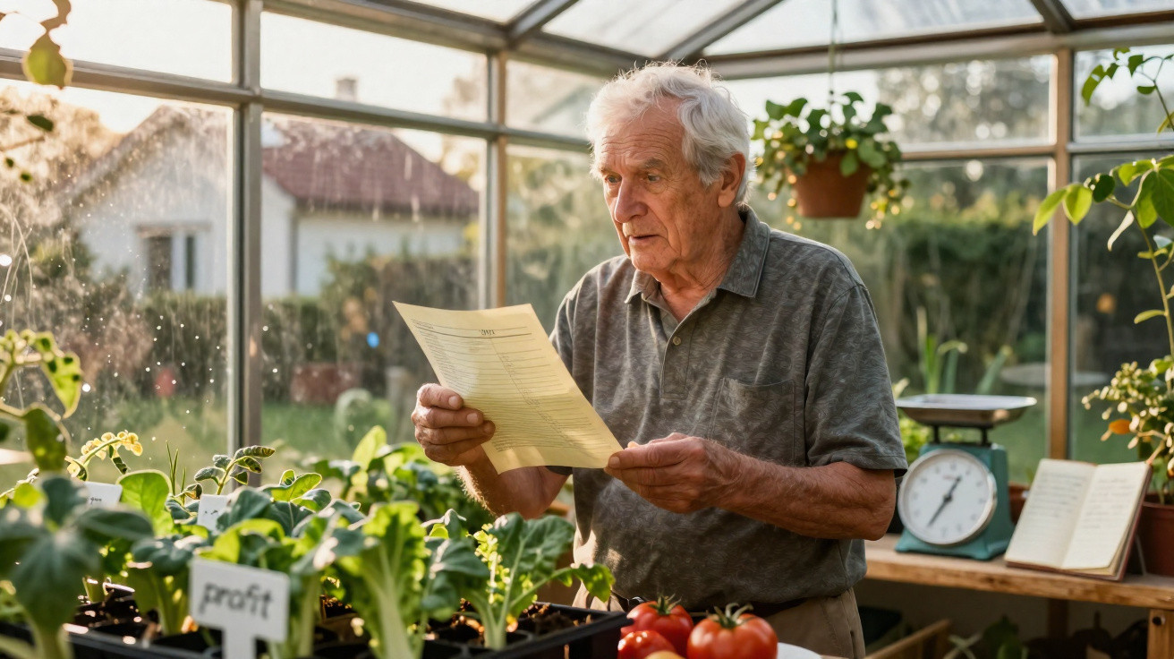 Homem idoso lendo instruções em estufa cercado por plantas e vegetais.
