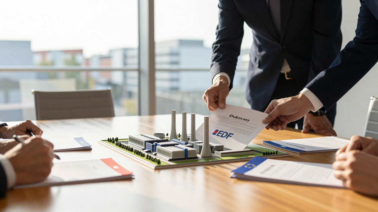 Reunião de negócios com maquete de usina industrial sobre mesa e pessoas analisando documentos.
