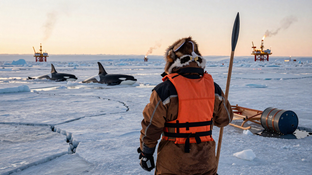 Pessoa com roupa de inverno e colete laranja observa orcas no gelo com plataformas de petróleo ao fundo.