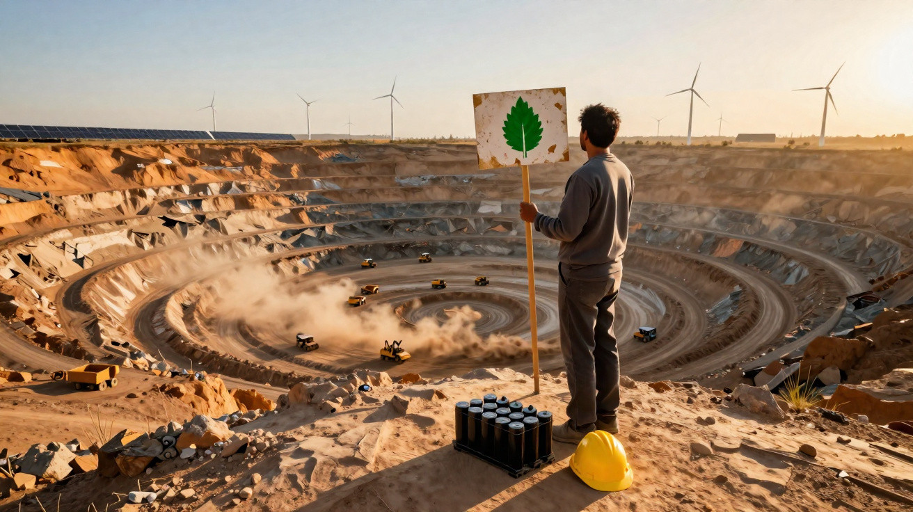 Homem em mineração a céu aberto segura placa com folha, à frente de caminhões e turbinas eólicas ao pôr do sol.