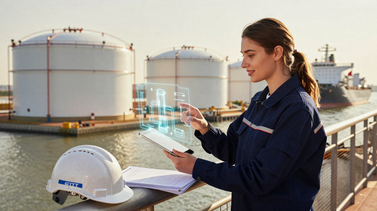 Mulher em uniforme industrial analisando dados holográficos em tablet no porto com tanques e navio ao fundo.