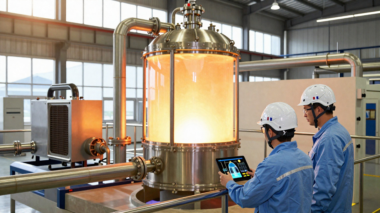 Dois técnicos com capacetes brancos monitoram equipamento industrial brilhante em ambiente moderno.